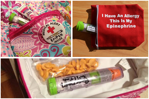 EpiPens inside self-carry cases and lunch bag